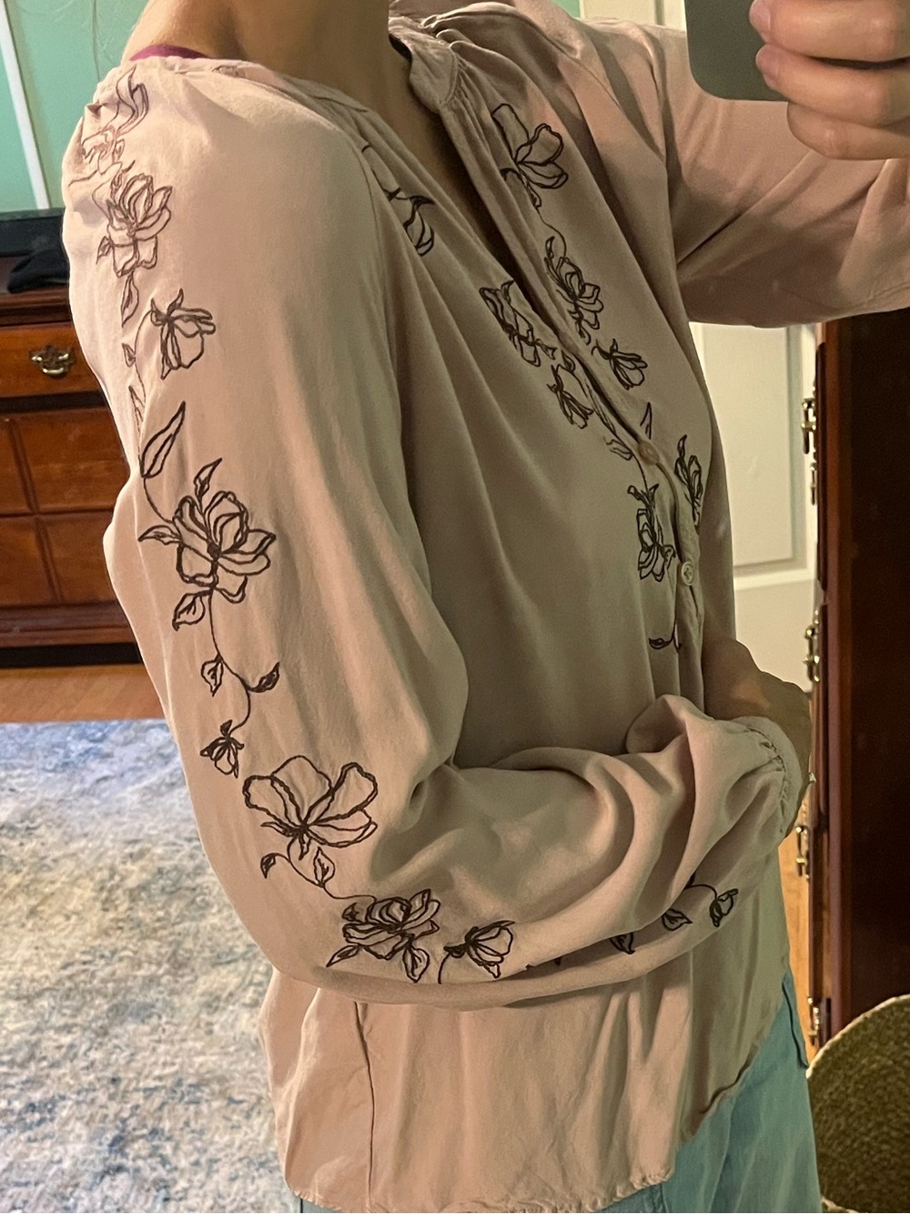 Vintage Threads Long Sleeve Embroidered Blouse Dusty Pink - Size S